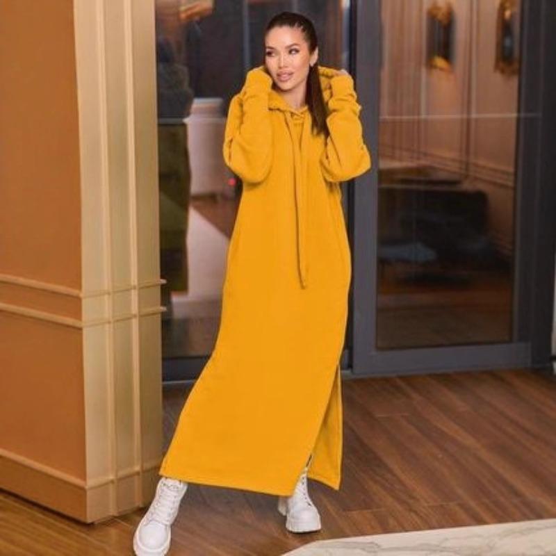 IHUASU Fashion Autumn Winter Long Sleeve Hooded Solid Color Print Casual Dresses
