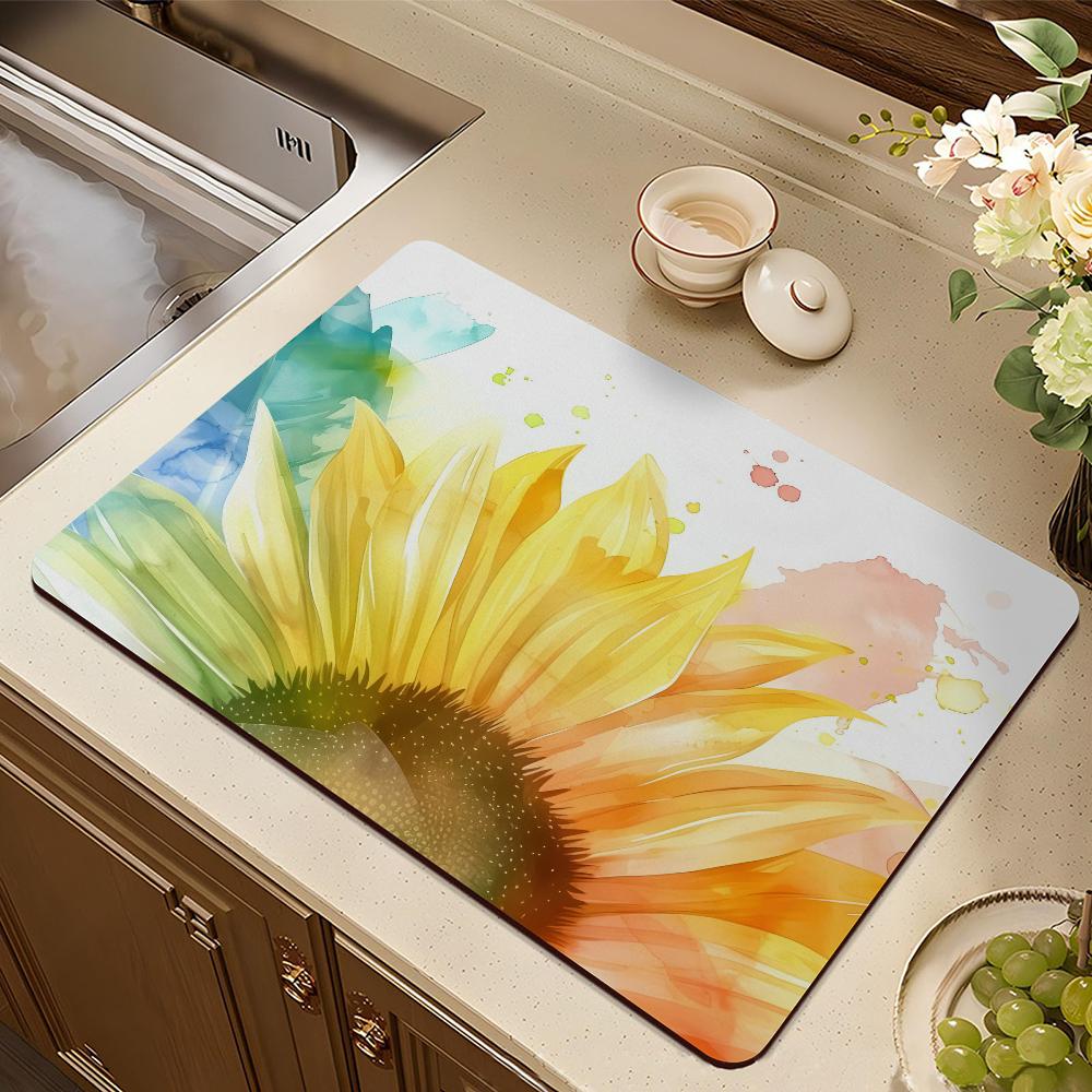 Yellow Sunflower Retro Draining Pad Drying Mat For Kitchen Bar Coffee Dishes Rubber Quick Drying Water Absorbent Anti-slip Mat