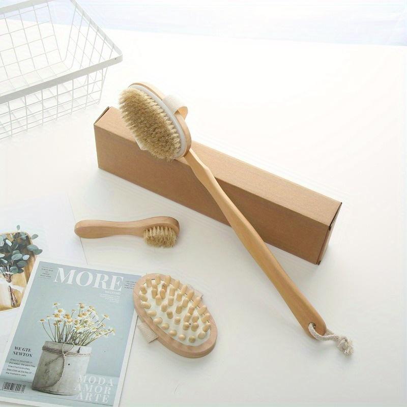 Ultimate Natural Bristle Brush Set for Body SPA Bath Massager - 3 Pieces Soft Wet Dry Skin Brush Home Spa Kit