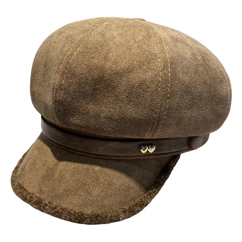 Vintage Faux Suede Newsboy Cap Women Autumn Winter Warm Octagonal Hat with Belt Buckle Elegant Versatile Baker Boy Hat