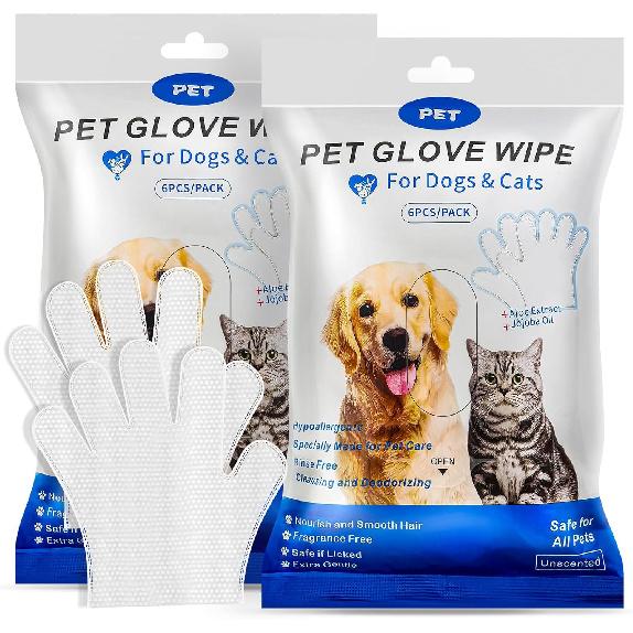 Pet Glove Washing Wipes for Dogs and Cats,Dog and Cat Cleaning Grooming Wipes for Fur,Paws and Butt,Save and Non Irritating,12 Pcs