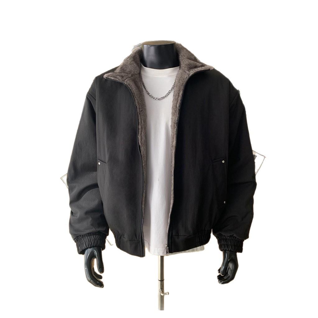 Men's Two-Sided Silver Blue Fox-Cotton Jacket with Fishbone Pattern - Thickened, Plus Velvet for Winter Warmth