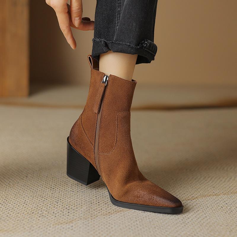

Матовые остроносые ботильоны на толстом каблуке, женские ковбойские ботинки, новые осенне-зимние ботинки на высоком каблуке, обувь больших размеров 42 коричневый