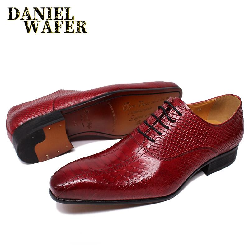 Fashion Men's Fashion Handmade Genuine Leather Oxford Shoes Black Red Lace-Up Pointed Toe Formal Office Wedding Snake Print Design