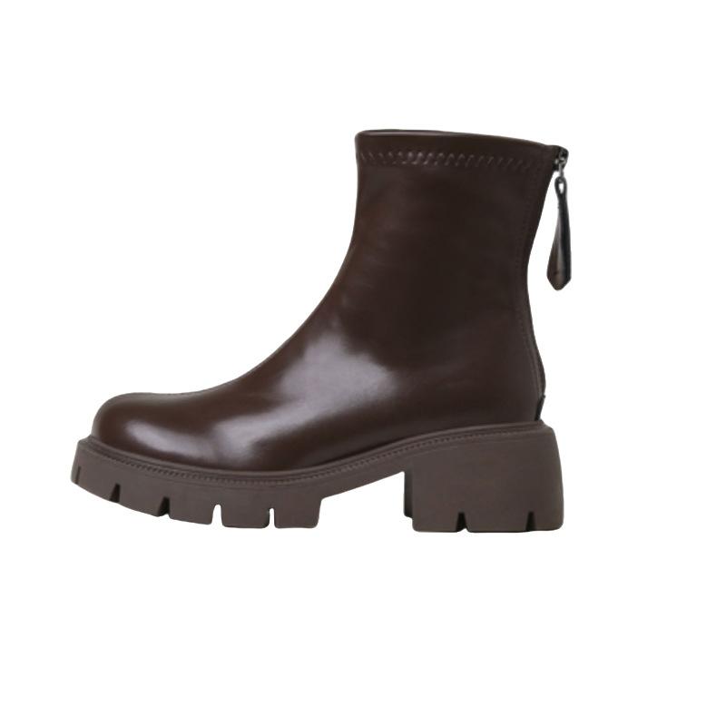 Elastic Small Short Boots Thick Heel Round Head Velvet Thick-soled Martin Boots Women's 2025 Autumn and Winter New Soft Leather Thin Boots