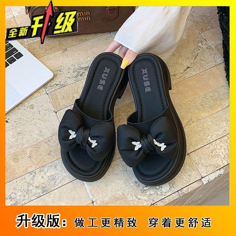 Bow with skirt cool slippers women's outer wear 2025 new summer versatile muffin bottom stepping on shit thick-soled slippers