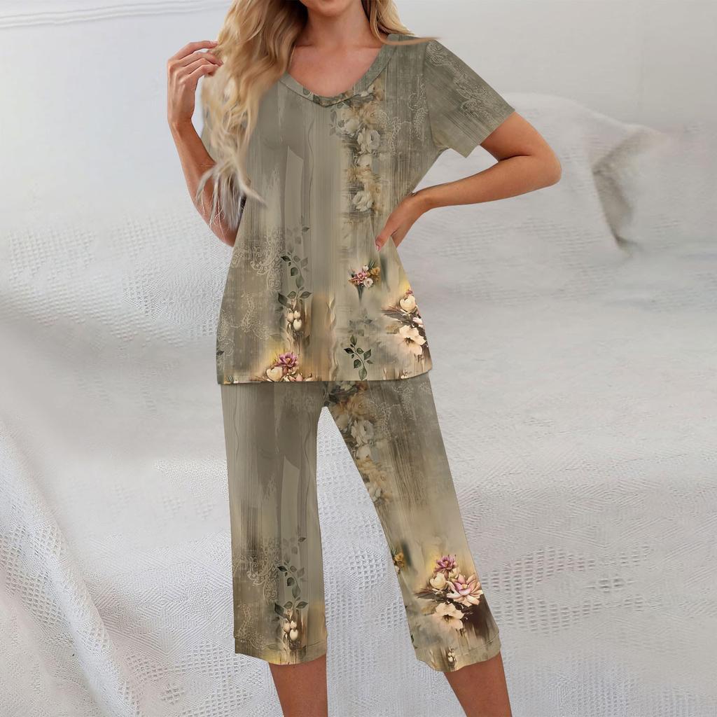 2 Piece Sets For Women Short Sleeve Top And Pants With Pockets Workout Soft Floral Print Sets