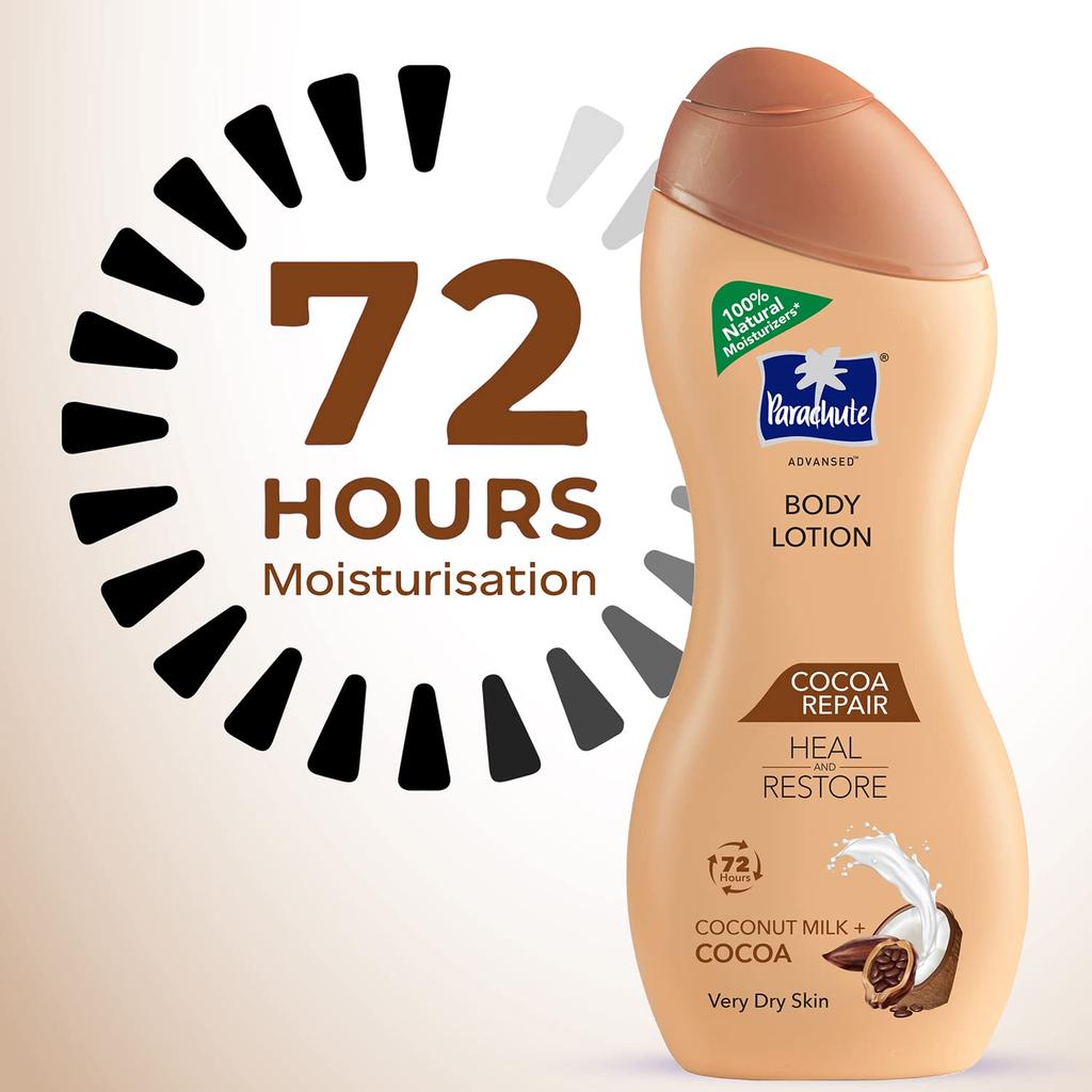 Parachute Advansed Cocoa Repair Body Lotion For Very Dry Skin 250ml Intense Moisture 72H Hydration Fast Absorbing Non Sticky Glow Care