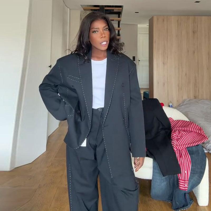 

Шикарный женский комплект из блейзера и брюк с отложным воротником и двубортной застежкой, свободные брюки, женские комплекты, осенняя мода 2025, женский костюм L