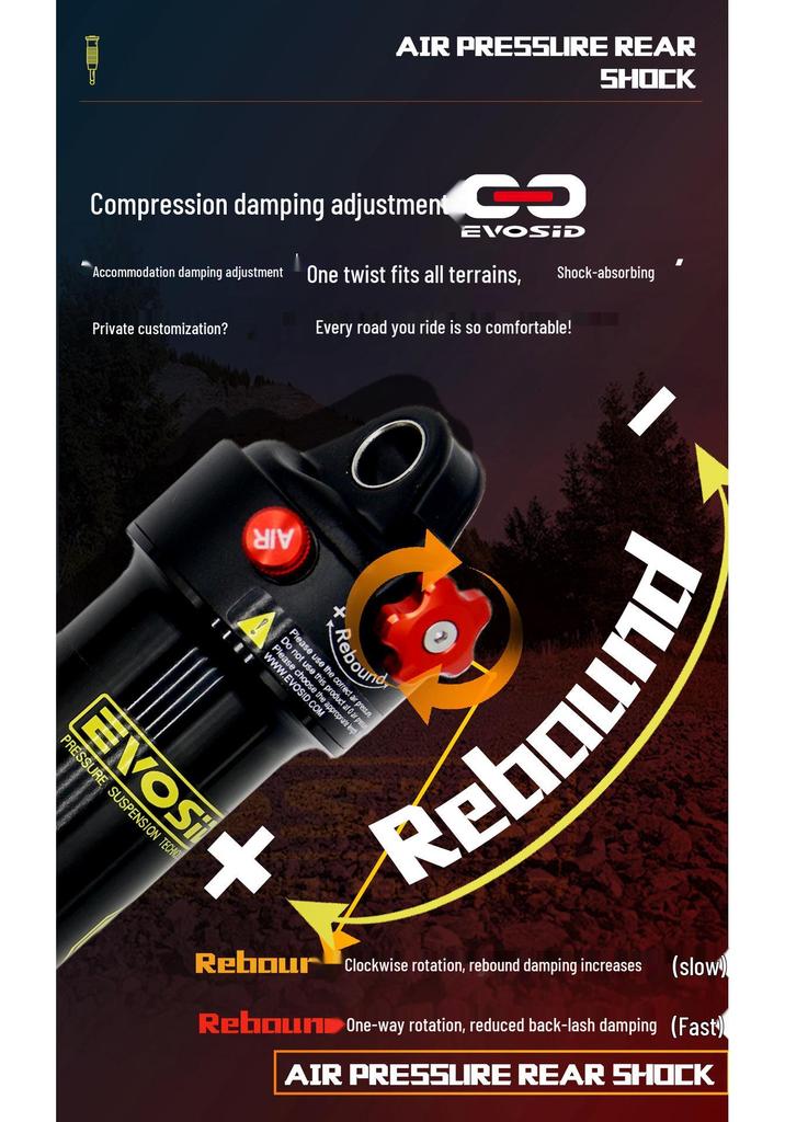 EVOSID Air Pressure Rear Shock Absorber for Mountain Bikes, Damping Suspension, 165/190/210MM