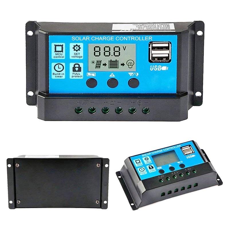 Y&H 30A 20A 10A PWM Solar Charge Controller 12V/24V Battery Regulator Solar Panel Controller LCD Display with Dual USB P 30A