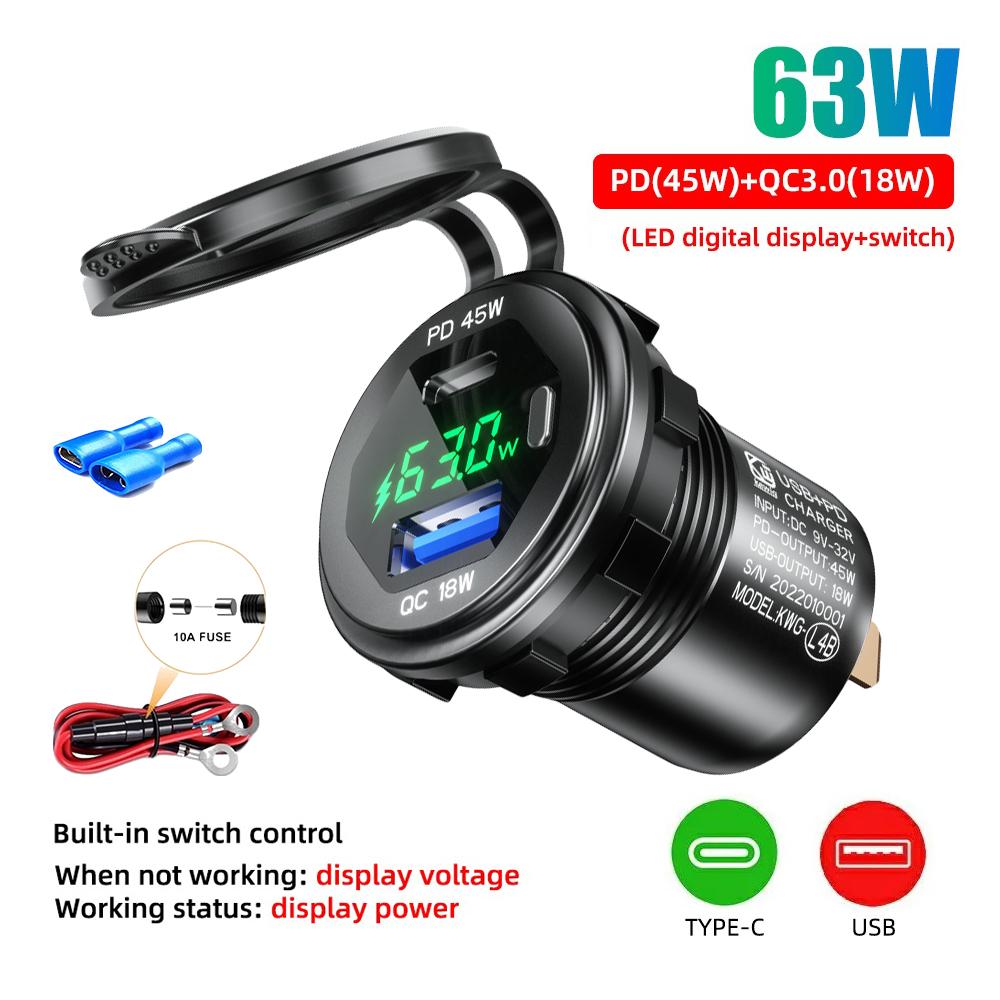 

90 Вт супер быстрая зарядка в автомобиль прикуриватель адаптер QC3.0 + PD порт быстрая зарядка светодиодный дисплей мощность 12 В 24 В для лодки автофургона водонепроницаемый