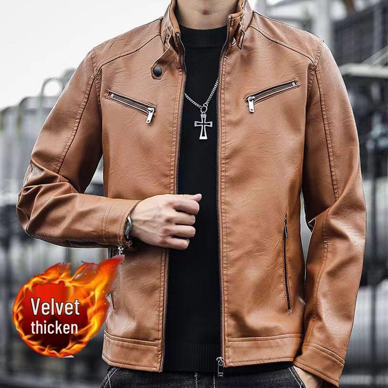 2025 Herren Koreanischer Stil Leder Motorradjacke mit Fleecefutter