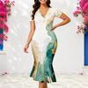 Women Plus Size V Neck Short Sleeve Printed Blue Fitted Fishtail Midi Dress