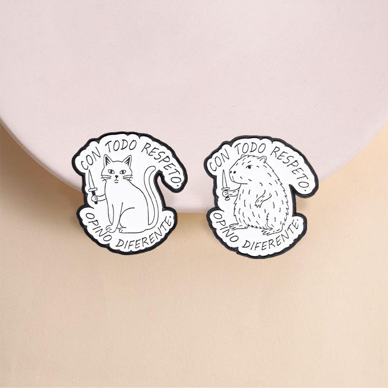 Cute Animal Capybara Cat with Knife Enamel Pins Con todo respeto opino diferente Spanish Quotes Brooch Lapel Badge Jewelry Gifts
