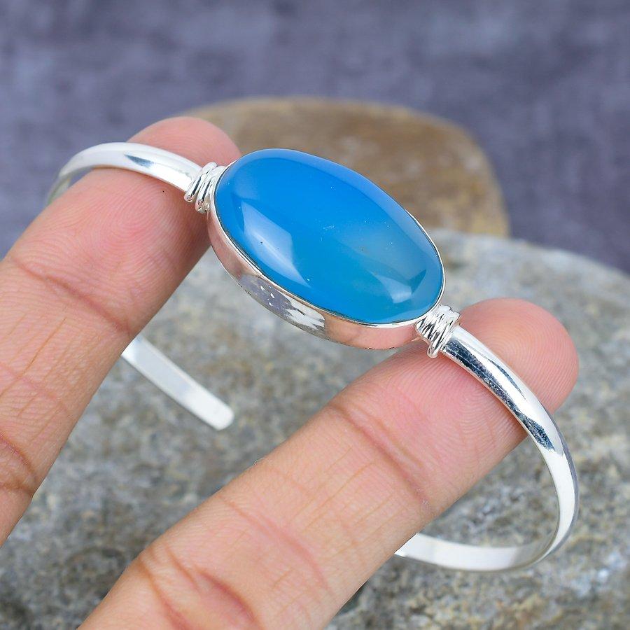 

Aqua Chalcedony Gemstone Handmade 925 Sterling Silver Bangle Регулируемый свадебный подарок