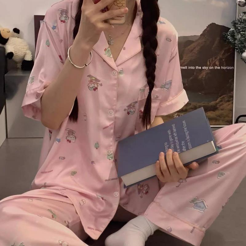 Silk Premium Pajamas Women'S Summer Short-Sleeved Trousers Ice Silk Cartoon Pink And Sweet Girl Suit Loungewear
