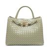 Woven PU Tote Bag With Metal Rope Buckle Large Capacity Shoulder Handbag Women Vintage Style Daily Use