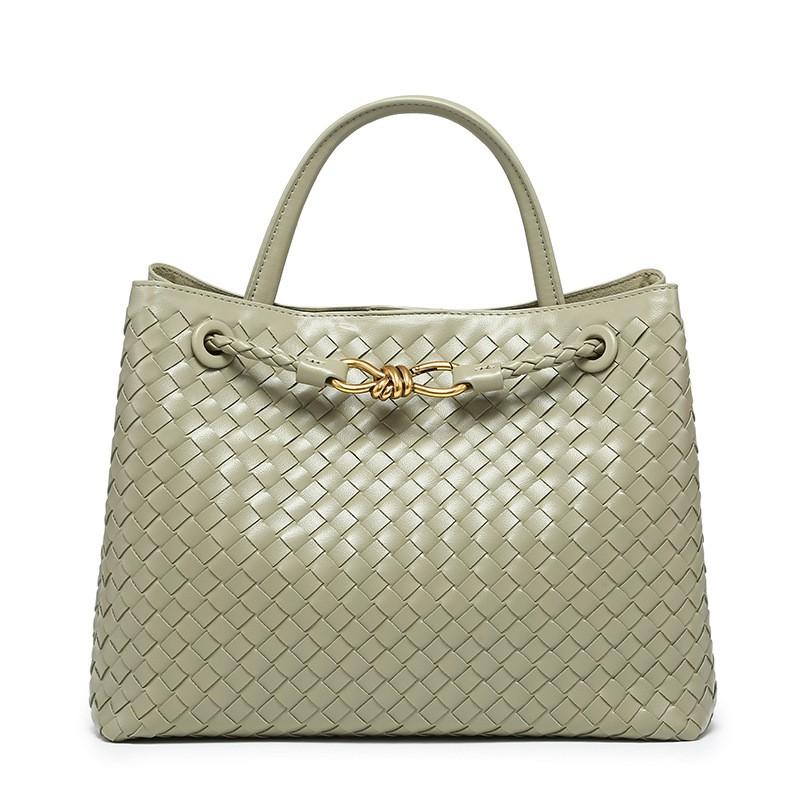 Woven PU Tote Bag With Metal Rope Buckle Large Capacity Shoulder Handbag Women Vintage Style Daily Use