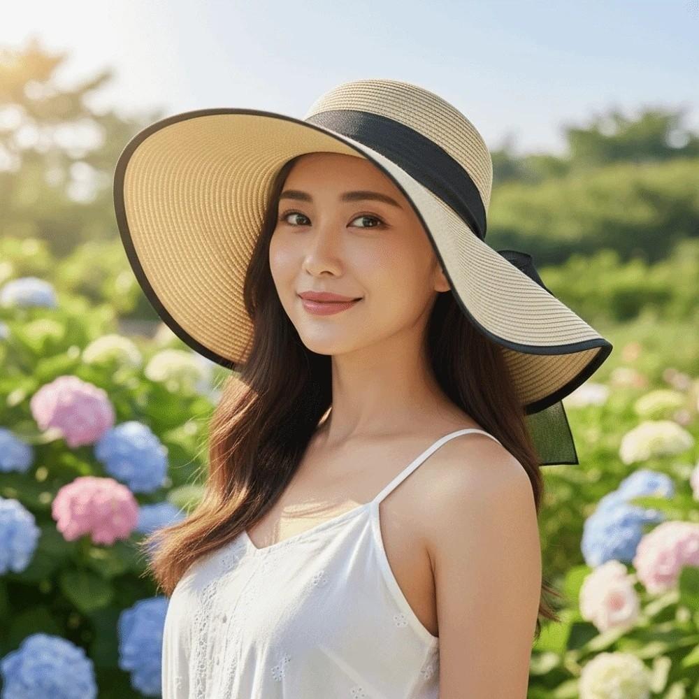 Lightweight Big Brimmed Straw Hat with Lace Ribbon Woven Sun Cap Vacation Beach Cap  Daily