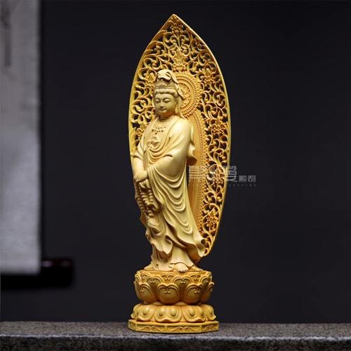 Standing Kannon Bodhisattva Statue, Buddhist Altar Statue, Wood Carving, Arabesque Halo, Boxwood, Prayer, Protection from Evil, Hanro Art Carving (27c