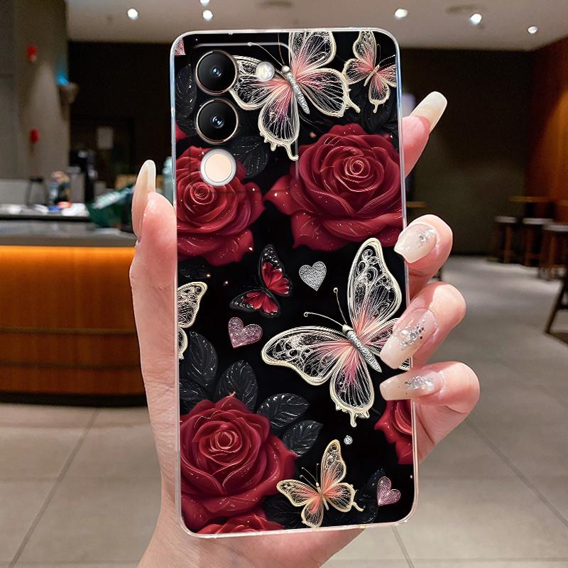 Phone Case For Vivo V29e V27e 5G Slim Soft TPU Cover Clear Silicone Aesthetic Luxury Fashion Butterfly Flowers New Design Case