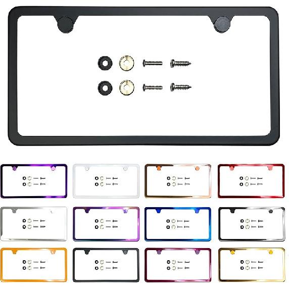 Ized Laser Etched Purple Chrome T304 Stainless Steel License Plate Frame 2 Holes Slim Universal Fit, Aluminum Screw-On Cap Cover, Rust-Proof,