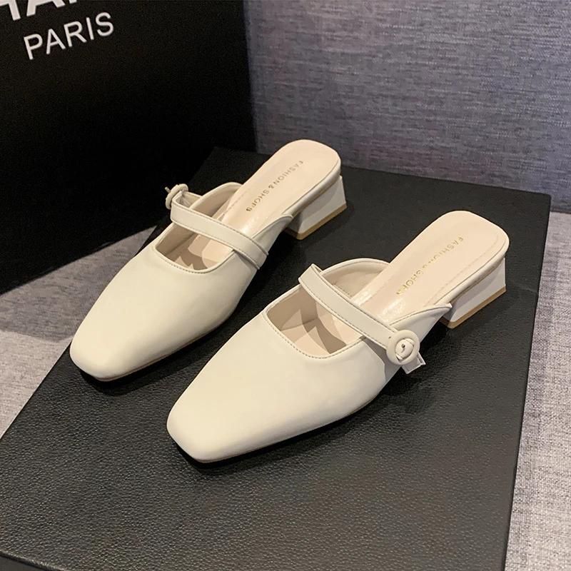 Shoes Woman's Slippers Slides Low Fashion Female Mule Cover Toe 2025 Summer Luxury Mules Hoof Heels PU Fabric Rubber Rome