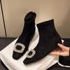 8071-1 Black Square Head Short Boots Women's 2025 Winter New Square Buckle Rhinestone Elastic Socks Boots Thick Heel Skinny Boots Women