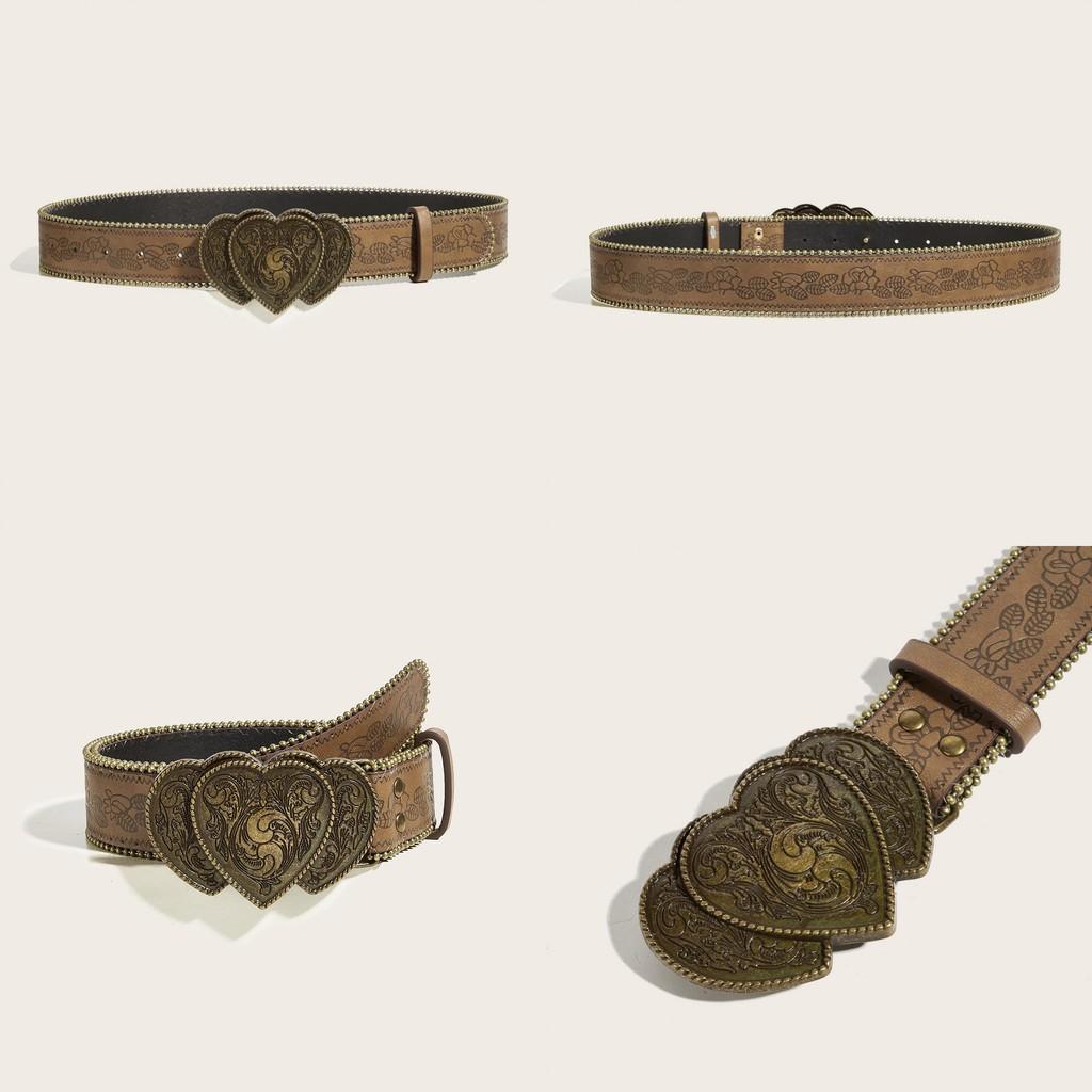 Heart Shaped Retro Alloy Buckle Leather Belt Rivet Embellishments Young Adult