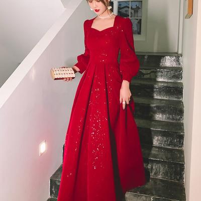 Elegant rød paljett midikjole dame vintage V-hals anledninger kveldsparty kjoler mote chic design kjoler