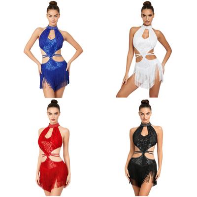 Womens Latin Dance Tassel Dress Shiny Keyhole Front Cutout Back Sleeveless Fringe Dress Stage Performance