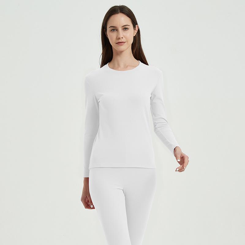 Solid Color Double-Sided Brushed Warm Base Layer Set for Women & Men - Round Neck Top & Pants for Autumn