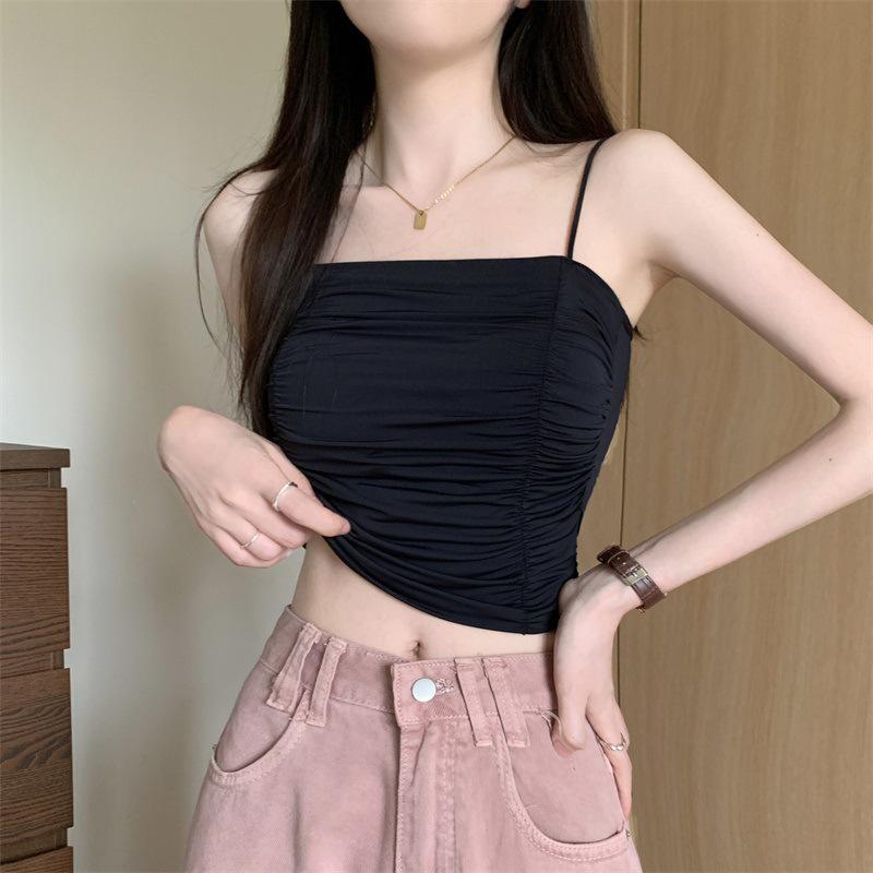 

Women s Pleated Ice Silk Camisole with Chest Pads - Breathable, Sexy Bandeau & Elegant Back Design One Size (80-130 lbs) чорний