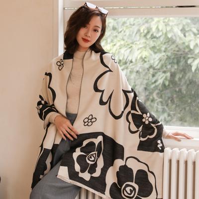 Warmer Winterschal für Damen Luxuriöse Florale Pashmina Schals Dicke Kaschmirdecke Grobstrickstolen Damen Eleganter Poncho Bufanda