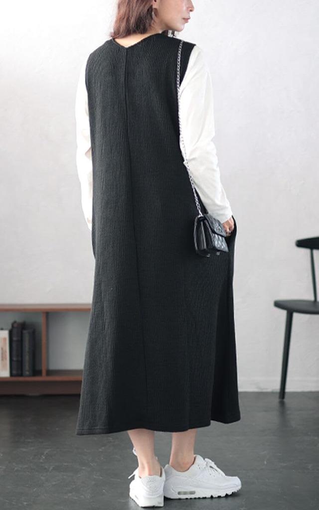 Gold Japan Plus Size Size Black Women's Dress/Jumper Skirt, Ribbed, V-Neck, Tucked, Stretch, Fall/Winter, Spring/Summer, Plan-250054, 5L,