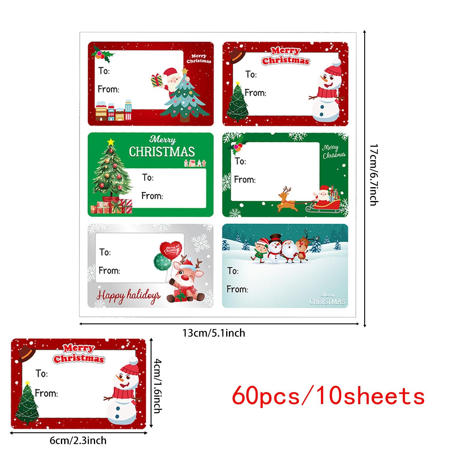 

60pcs/10sheets Christmas Tags 16 Design Gift Sticker Name Tag with Santa Snowmen Xmas Tree Reindeer Bells Holiday Decorative Tag