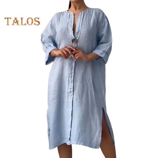 Robe mi-longue ample à col en V et manches trois-quarts pour femme, couleur unie, ourlet fendu, boutons décoratifs, tenue quotidienne décontractée