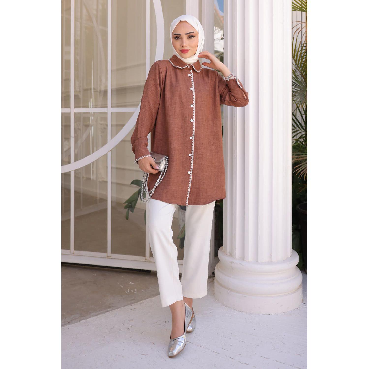 

Brown Front Collar Detailed Linen Shirt 36 коричневый