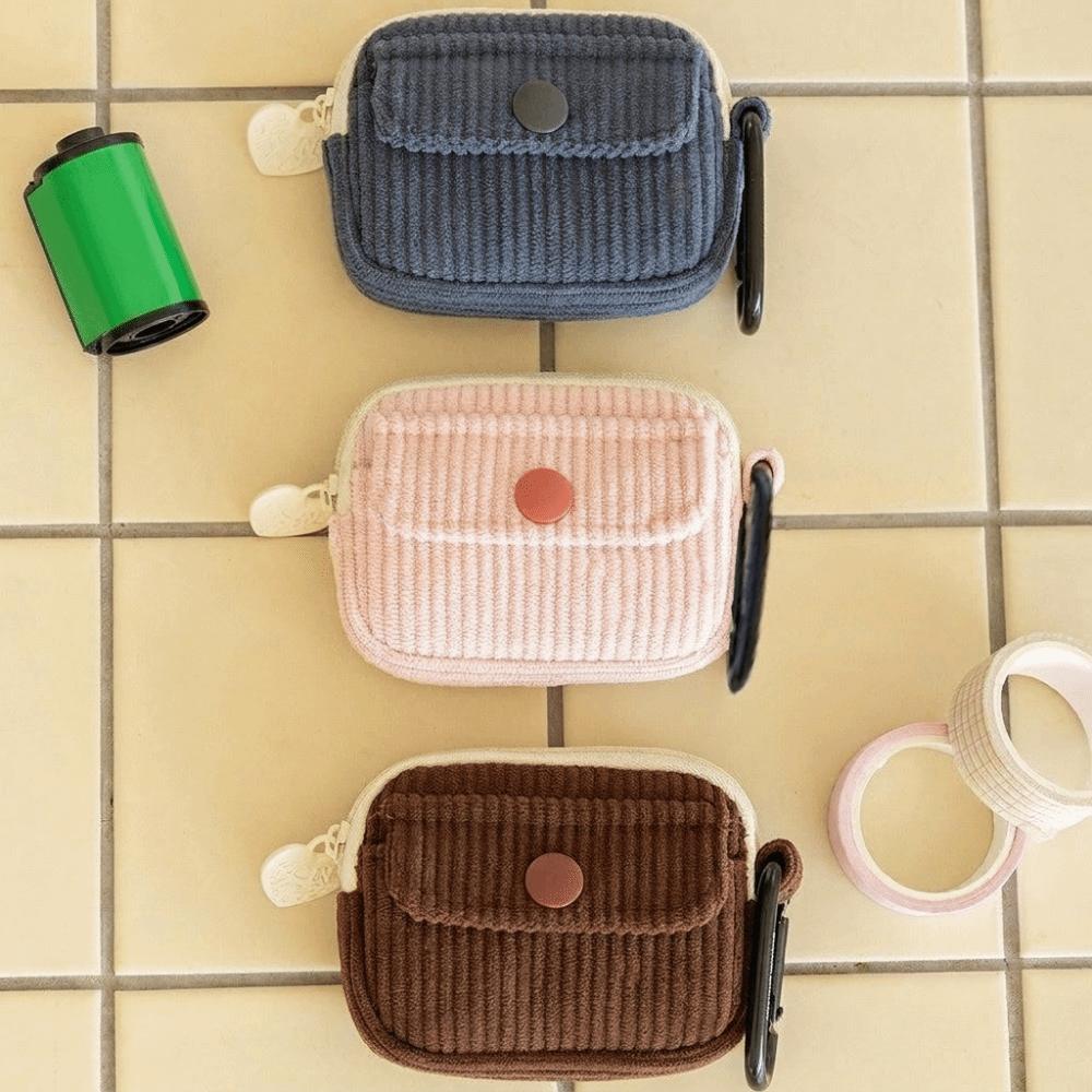 Cute Solid Color Earphone Storage Bag Multi Layer Corduroy Coin Purse Multifunctional with Zipper Storage Bag Daily Use