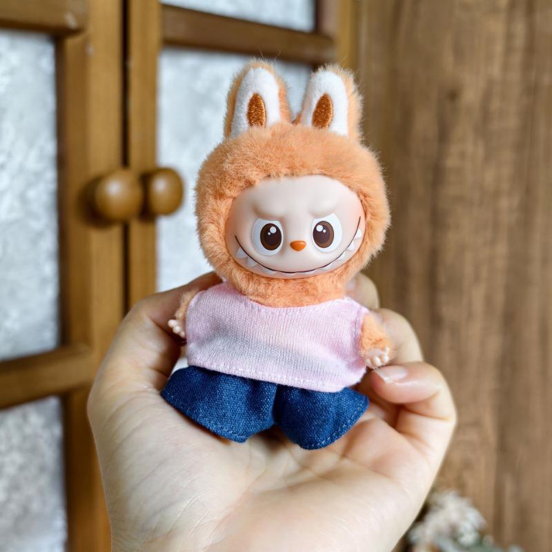 

For 10cm Labubu 4.0 Doll Clothes Denim Overalls Hat T-shirt Set Clothing Outfit Accessories For V4 Pendant Kids Gift Dress Up Toy