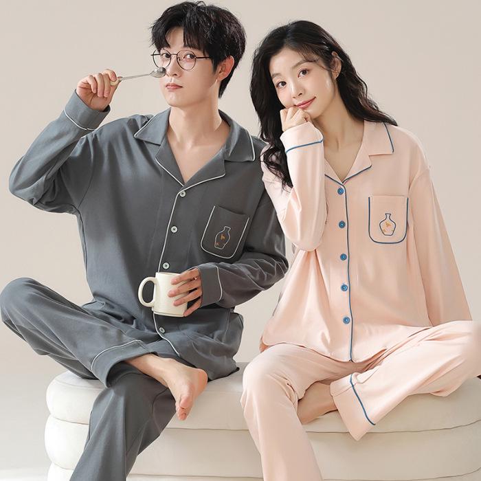 

Мультяжный хлопковый пижамный комплект для пары - Кардиган с длинными рукавами и лацканами для мужчин и женщин (Весна осень) XXXL