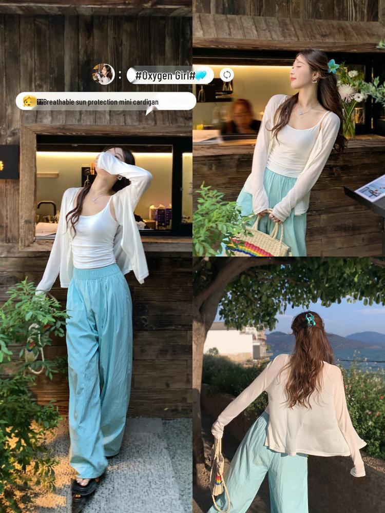 Women's Lightweight Sun Protection Cardigan & Camisole Set - Thin Knit Summer Cover-up Top