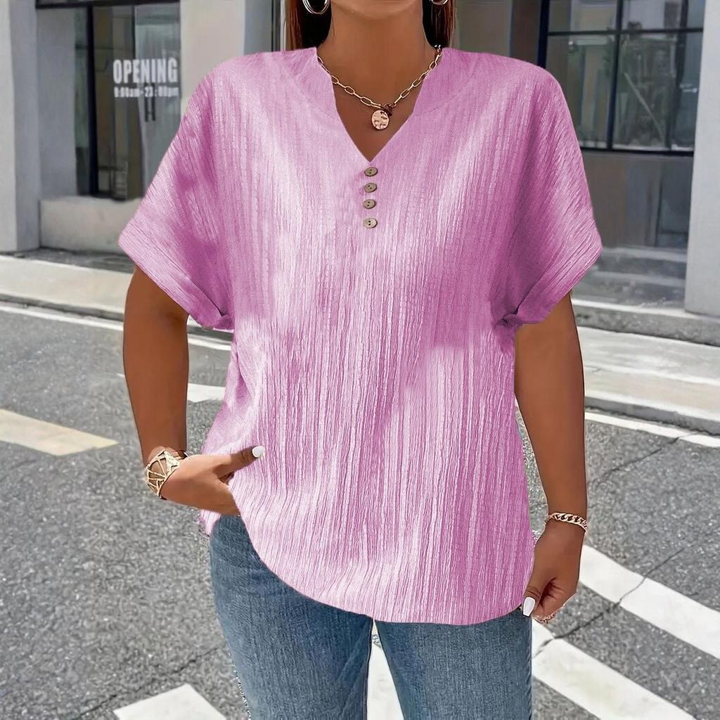 Women’s Short Sleeve V Neck Blouse with Button Loose Fit Tunic Top for Casual Daily Wear