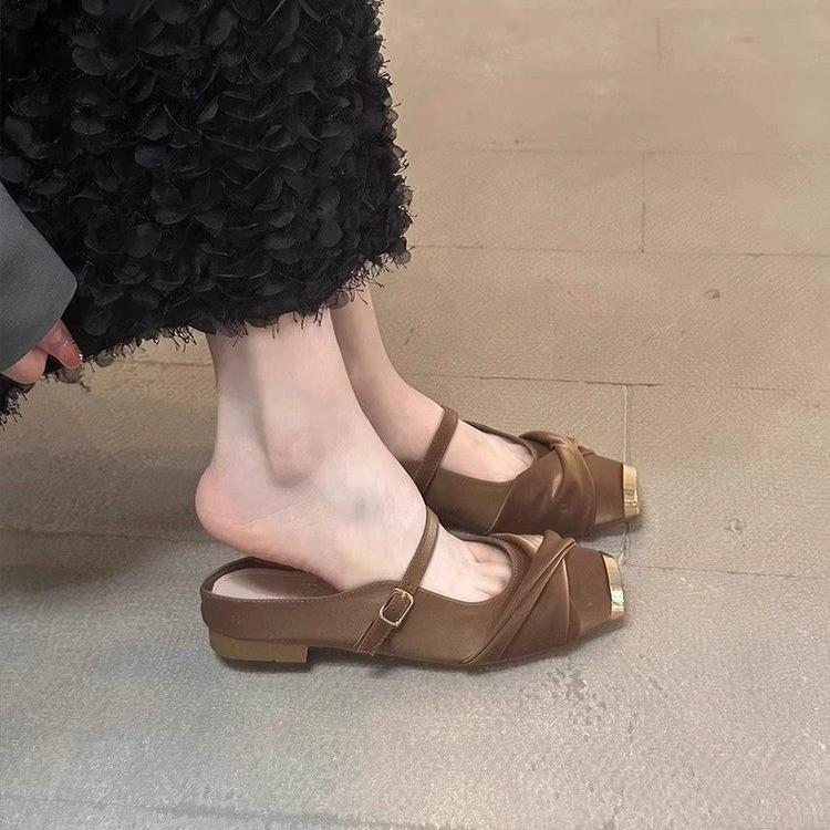 

Металлические квадратные носки на плоском каблуке, полушлепанцы с закрытой пяткой, женские, весна-лето 2025, новые, на мягкой подошве, обувь Мэри Джейн, туфли 40 коричневый