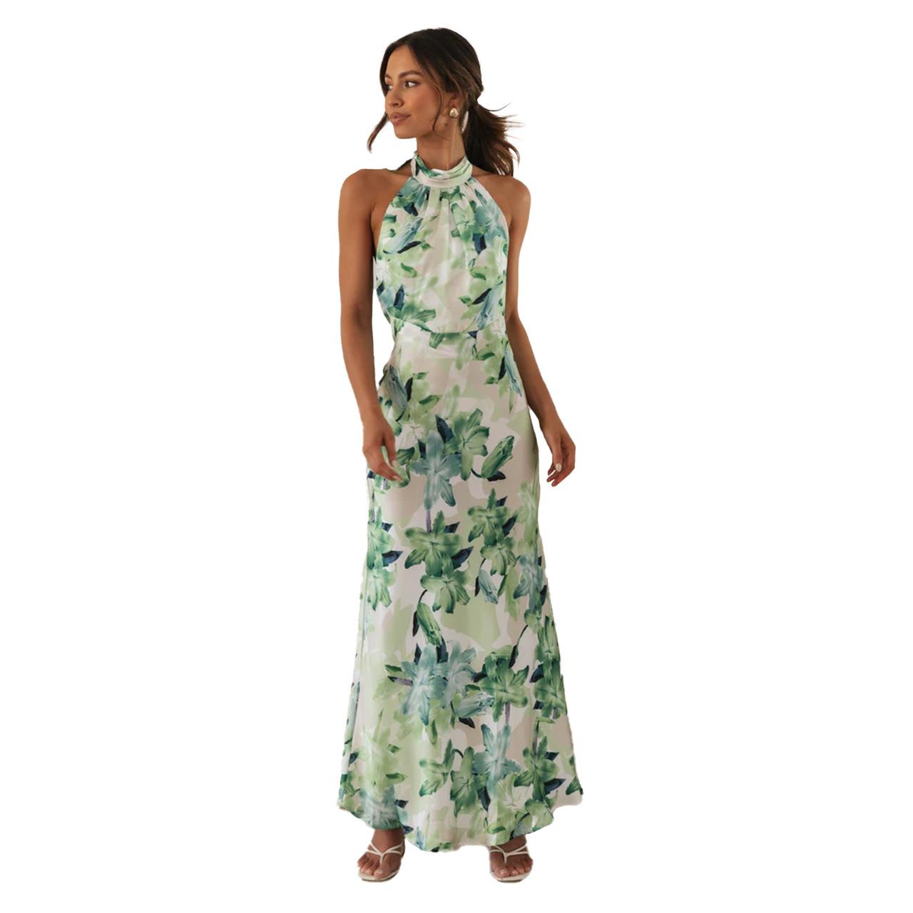 

Женское весеннее платье без рукавов с цветочным принтом, летнее повседневное платье А-силуэта с открытой спиной и высокой талией, длинное платье со шнуровкой, размер S-XL XL зелёный