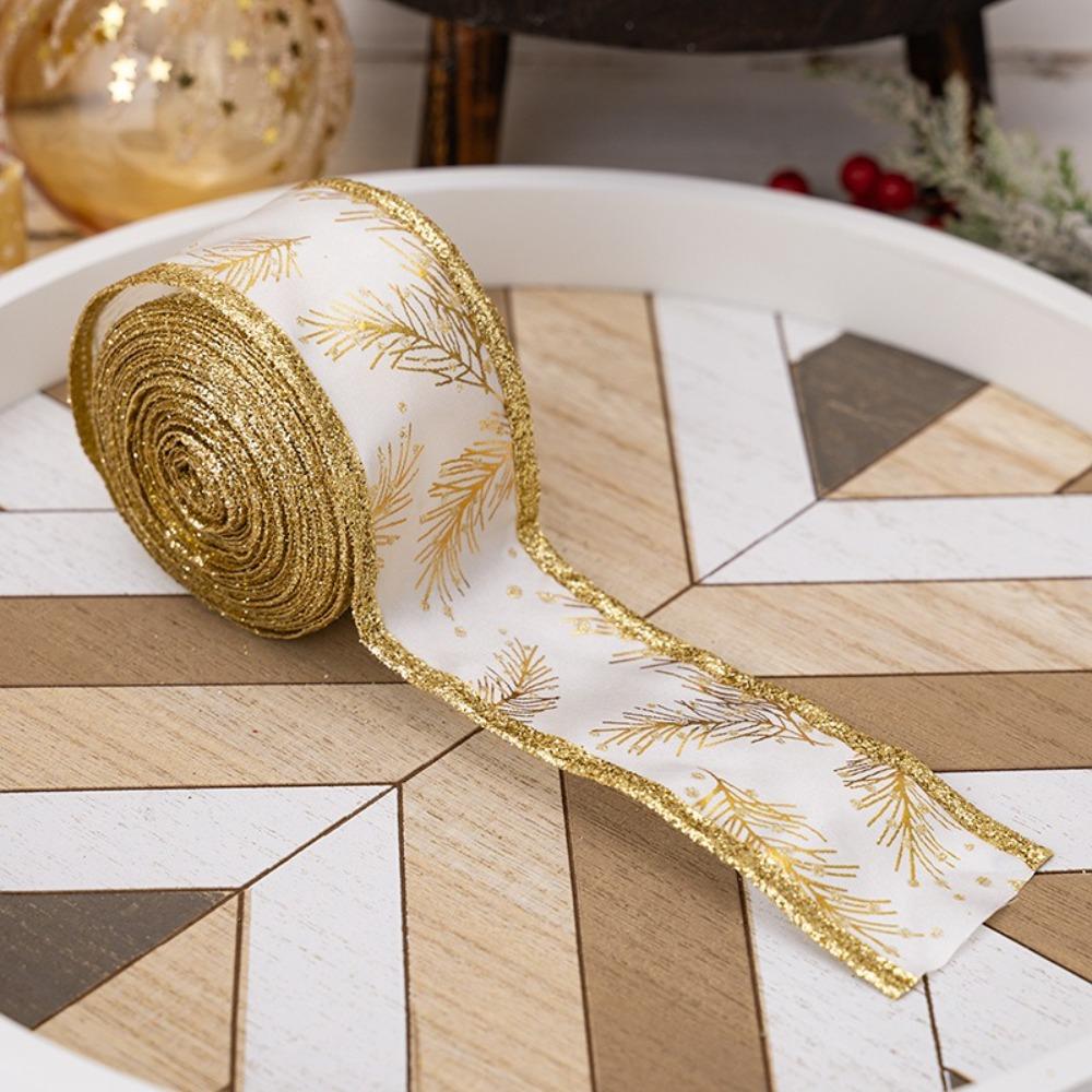 5M Leaves Pattern Christmas Gift Bow Ribbon DIY Lightweight Gold Trim Wired Ribbon Christmas Tree Ribbon Xmas Ornaments