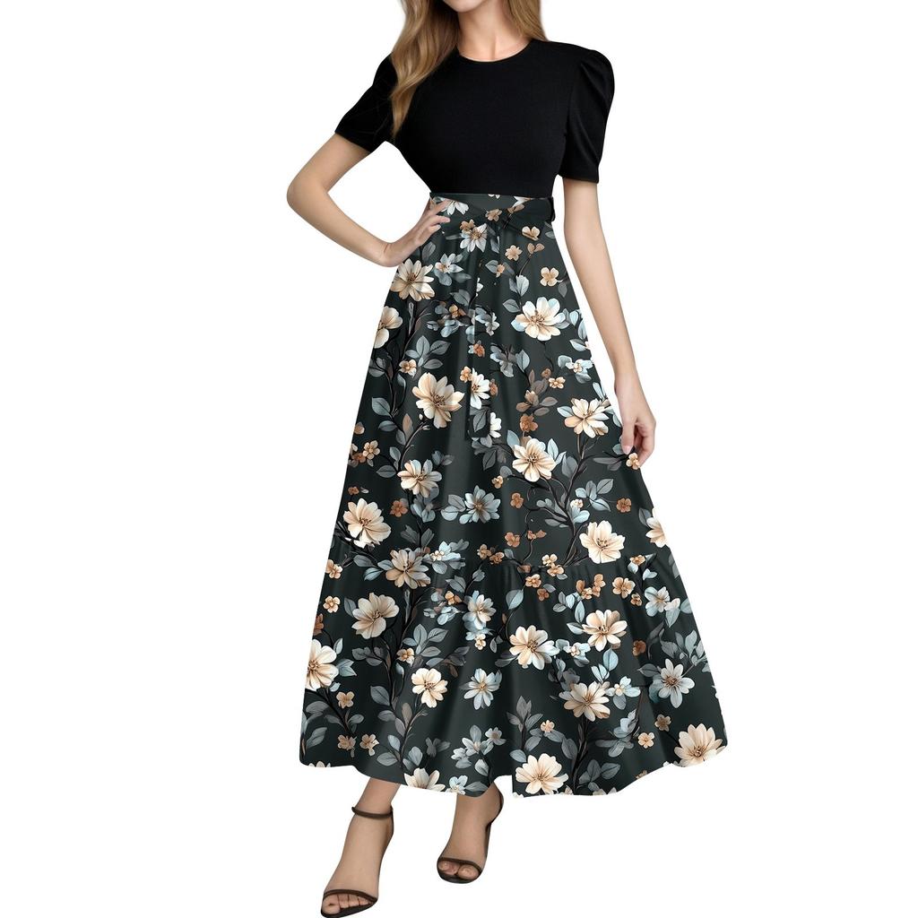 Women's Fashion Casual Belt Short Sleeve Round Neck Print Stitching Elegant Temperament Dress