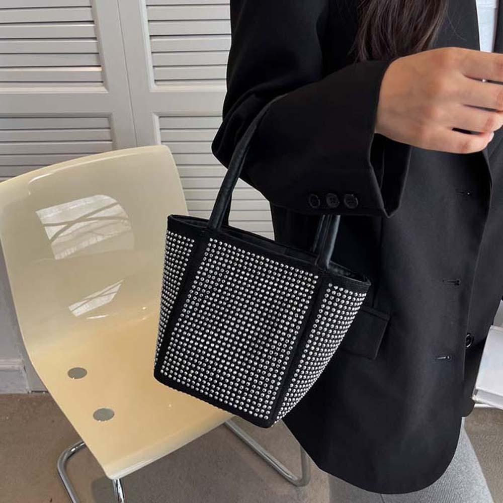 Elegant Sparkling Square Bag PU Bucket Handbag Fashion Bright Rhinestone Shoulder Bag Shopping