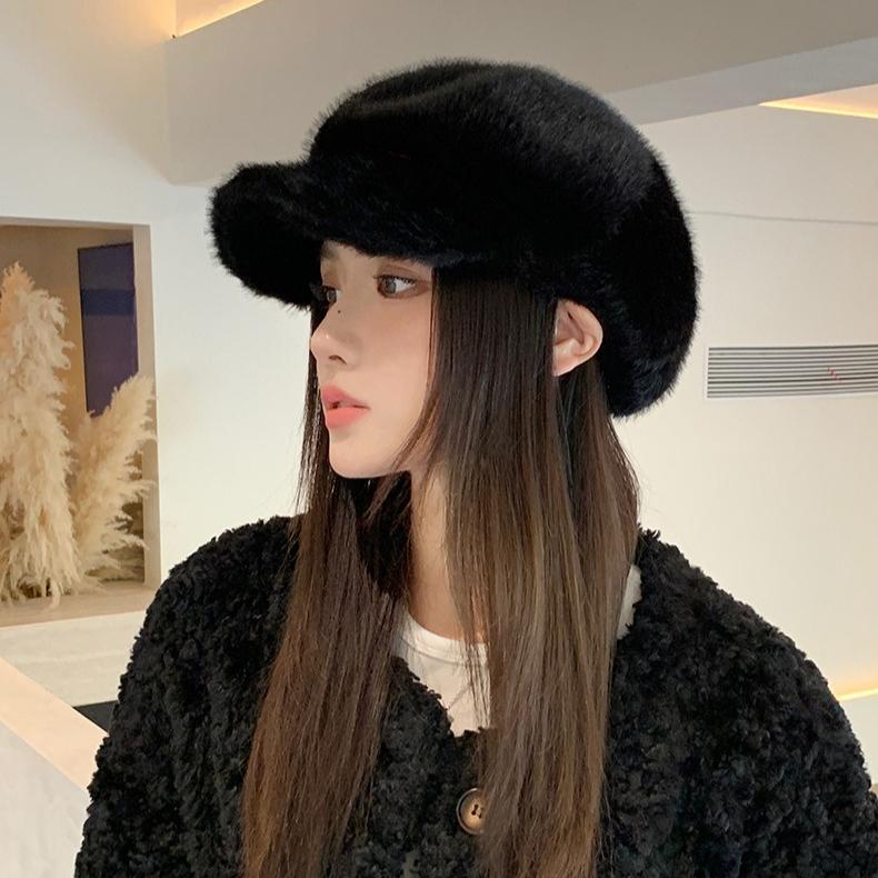 Autumn and Winter Hat Women's New Plush Cap Fashionable Warm Windproof Ear Hat Imitation Fur Octagonal Hat